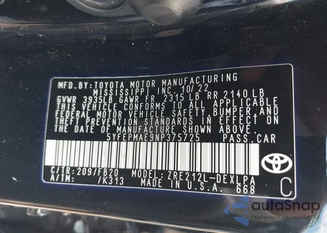 2022 Toyota Corolla Le из США, поврежденный, VIN 5YFEPMAE9NP375725